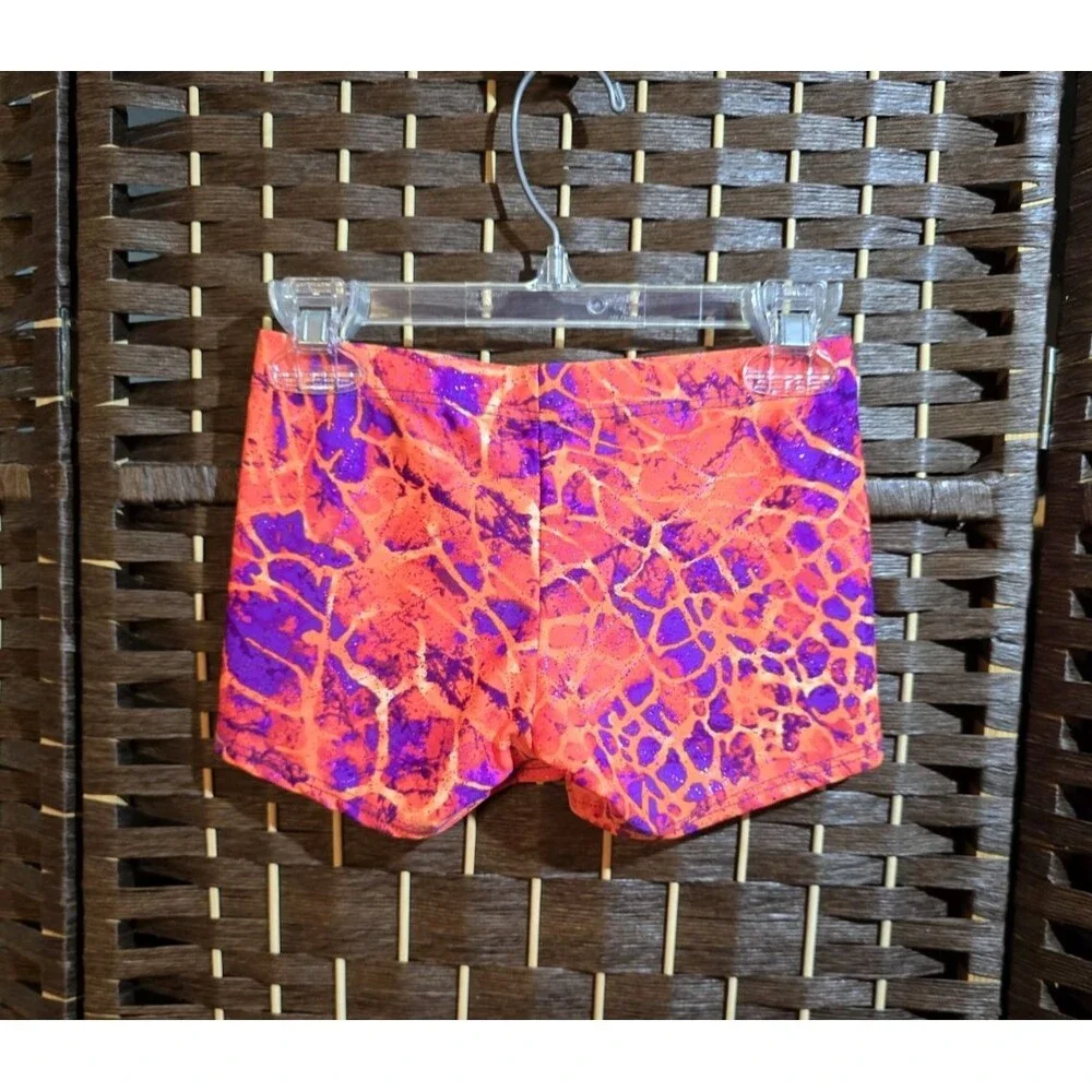 Motionwear Orange Purple Lava Crackle Dance Gym Shorts SA, Fits like Large Child
